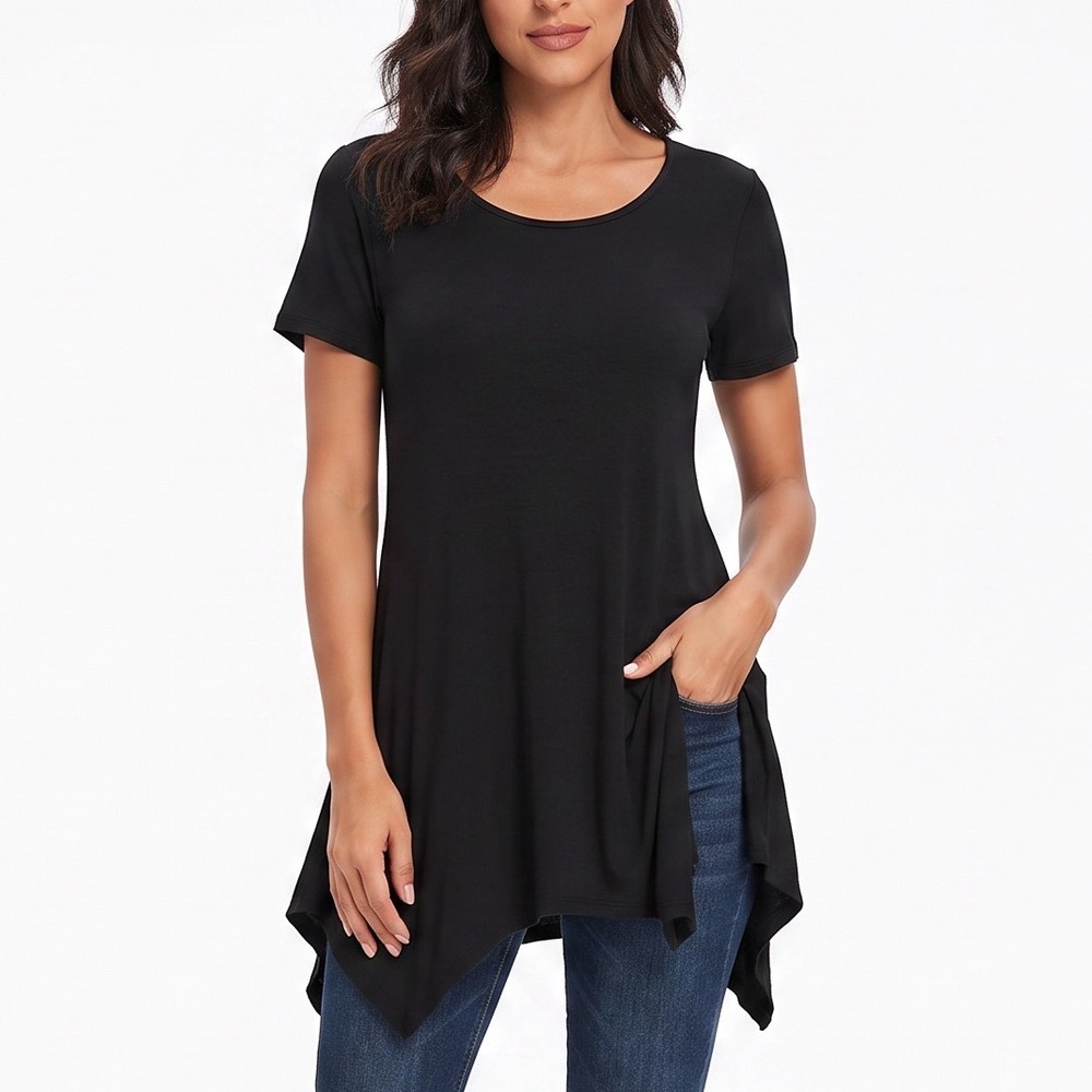 LARACE Tunic Womens Large Short Sleeve Handkerchief Hem Black Solid Excellent
